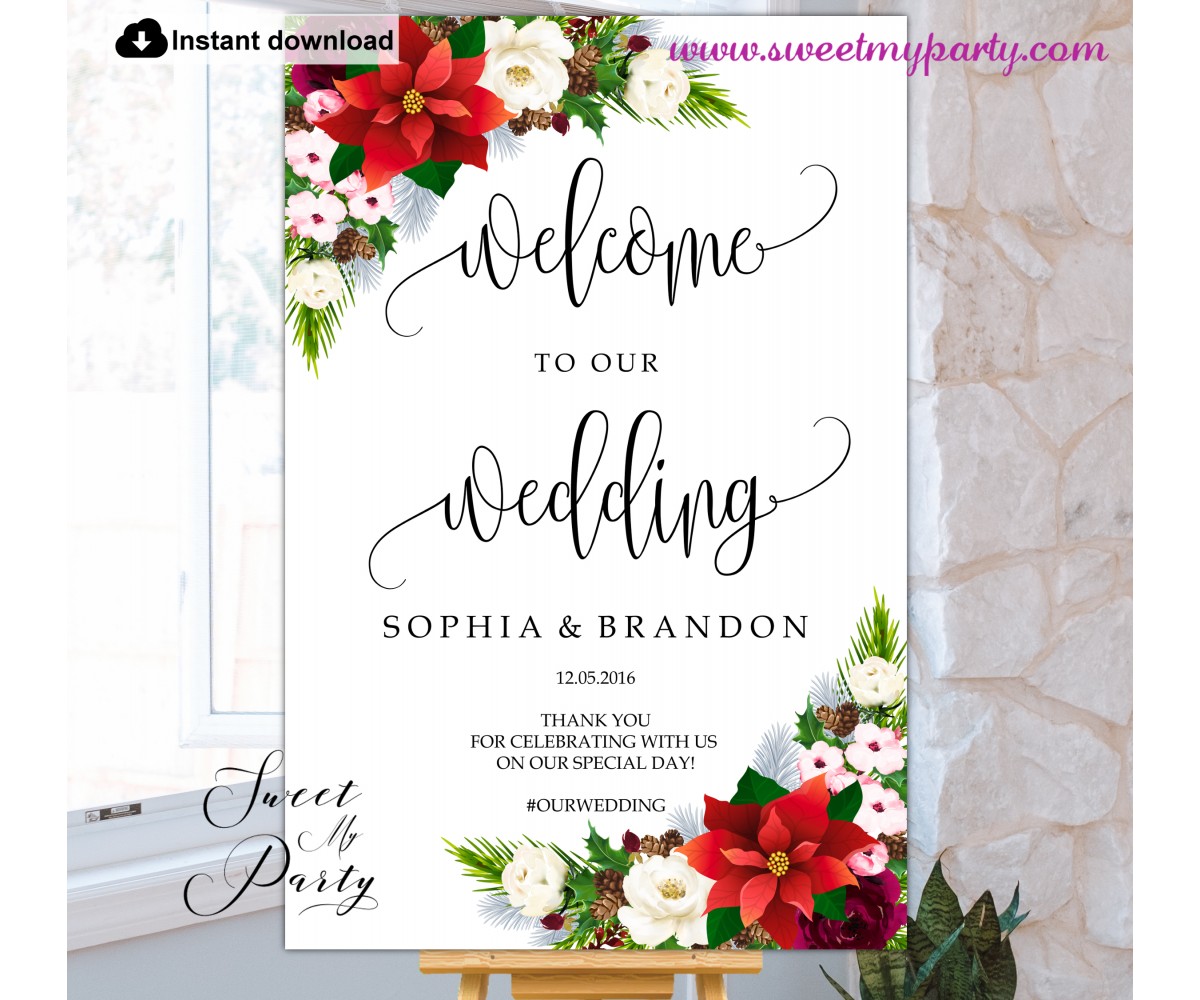 Winter Wedding welcome sign template,Poinsettia Wedding welcome sign,(154)